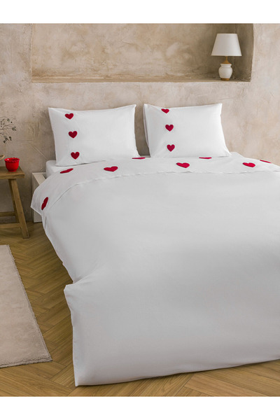 LC Waikiki Red Heart Embroidered Double White Duvet Cover Set