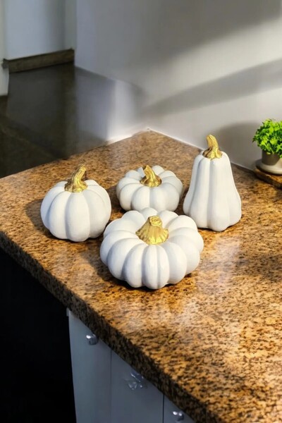 Zigzag Home Dekoratif 4 Parça Kabak Beyaz Gold Detaylı Bal Kabağı Biblo Obje ...