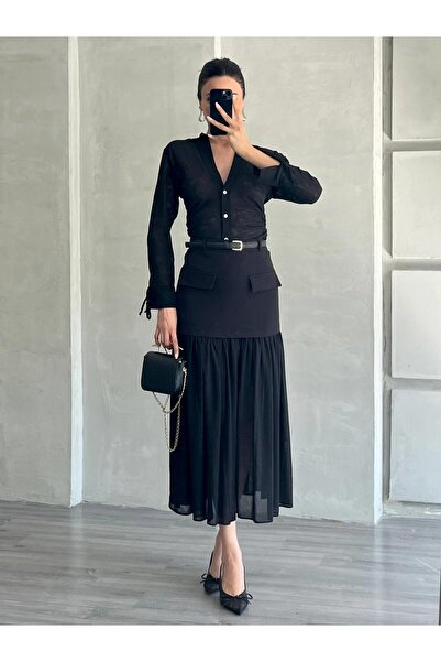 Coral Cepli Pilise Tüllü Kemerli Etek Siyah