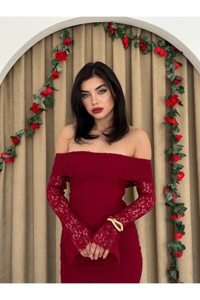 zoezoe Dantel Detay, Korsaj, Midi, Yırtmaçlı, Bordo Elbise