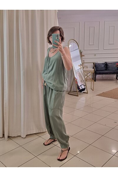 pudubutik Belted Viscose Trousers Khaki