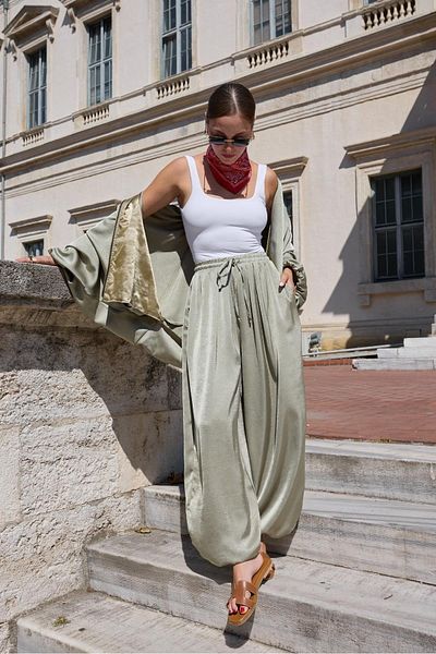 My Blog Çağla Satin Baggy Trousers with Elastic Waist - 51199