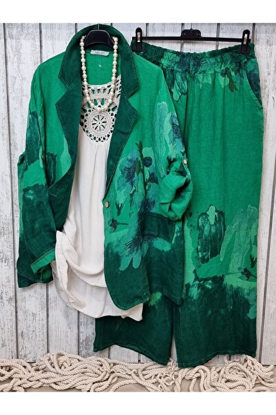 pudubutik Straight Cut Patterned Green Linen Trousers