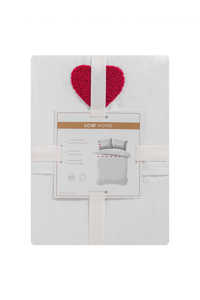 LC Waikiki Red Heart Embroidered Double White Duvet Cover Set