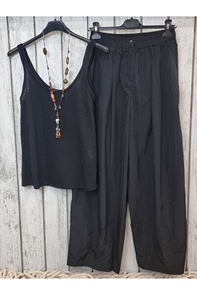 pudubutik بنطلون فضفاض من قماش المظلة باللون الأسود