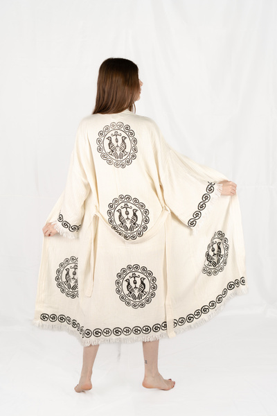 Befera Design Muslin Kimono 100% Cotton Double Headed Eagle Printed Patterned Bathrobe Kaftan Dressing Gown