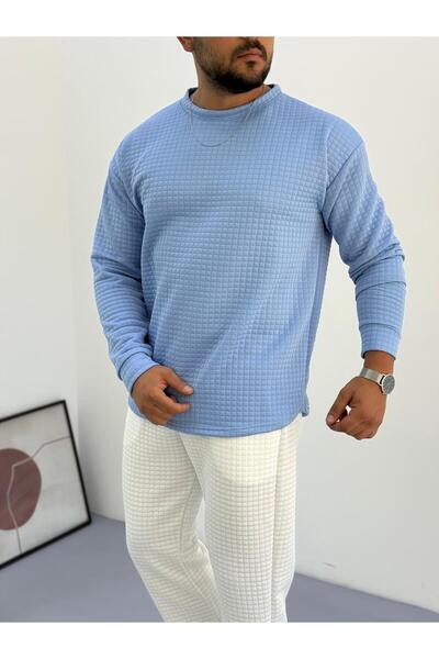 Baycombine35 Men's Crew Neck Quilted Patterned Waffle Fabric Sweatshirt