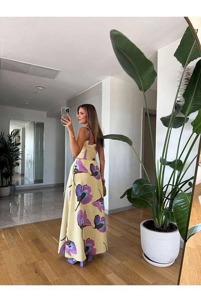 Çnru Purple Flower Printed, Hanging Bustier and Skirted Double Set