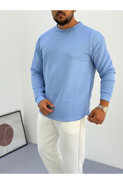 Baycombine35 Men's Crew Neck Quilted Patterned Waffle Fabric Sweatshirt