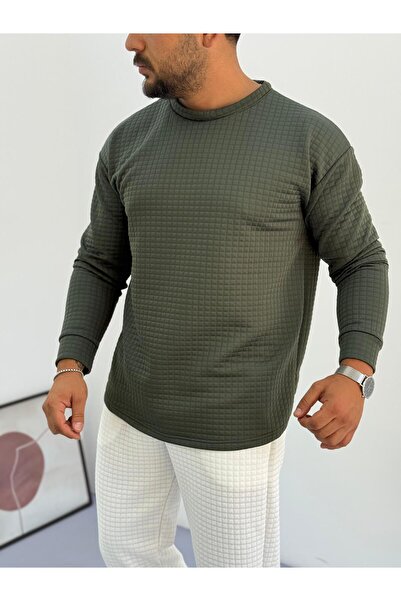 Baycombine35 Men's Crew Neck Quilted Patterned Waffle Fabric Sweatshirt