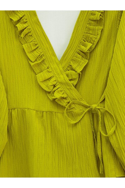 Modamorfo Kimono Set with Ruffled Collar and Tie Front Skirt - Fat Green