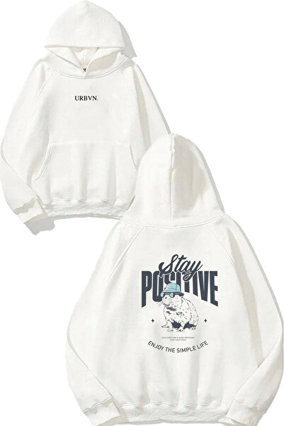 urbvn سويت شيرت أبيض كبير الحجم مطبوع بتصميم إيجابي