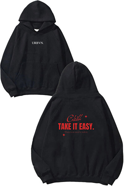urbvn سويت شيرت بقلنسوة أسود كبير الحجم مطبوع بتصميم Chill 1