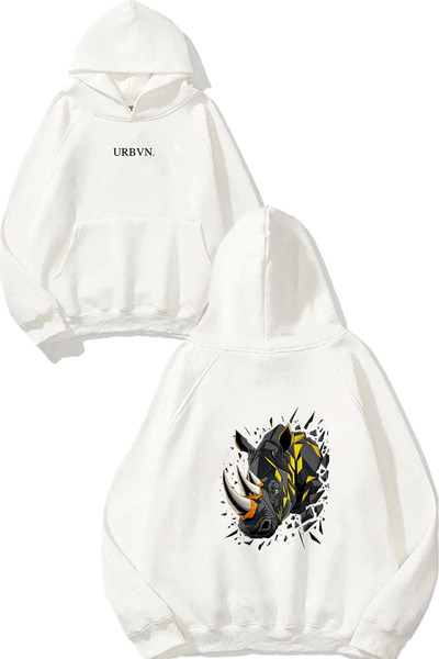 urbvn Rhino Design Printed Oversize White Hooded Sweatshirt