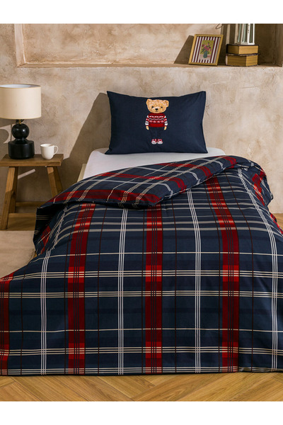 LC Waikiki Navy Blue Bear Teddy Printed Single Duvet Cover Set