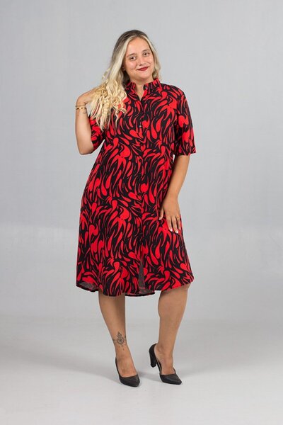 Truva XXL Plus Size Burgundy Patterned Woven Viscose Judge Collar Shirt Dress