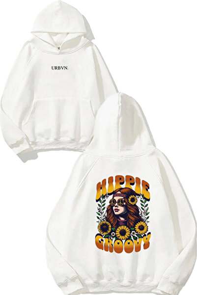 urbvn سويت شيرت أبيض كبير الحجم مطبوع بتصميم هيبي جروفي