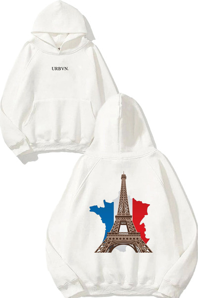 urbvn سويت شيرت بقلنسوة أبيض كبير الحجم مطبوع بتصميم باريس
