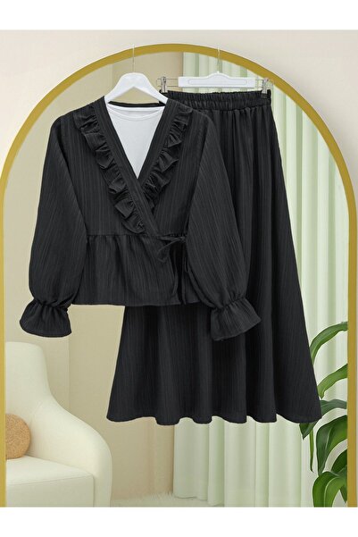 Modamorfo Kimono Set with Ruffled Collar and Tie Front Skirt - Black