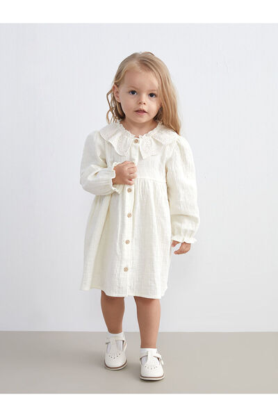 LC Waikiki New Season Baby Collar Textured Baby Girl Muslin Shirt Dress