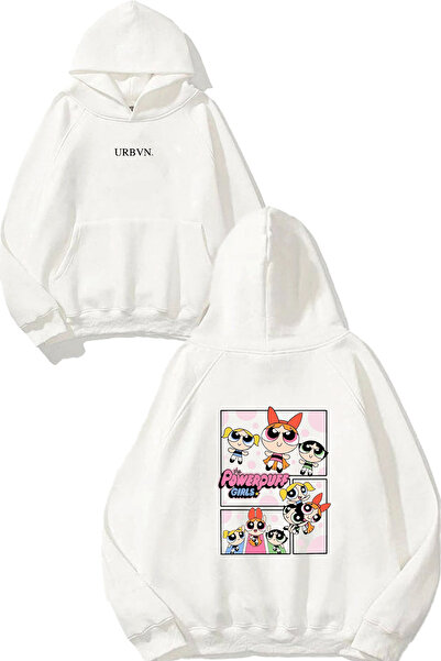 urbvn سويت شيرت بقلنسوة أبيض كبير الحجم مطبوع عليه تصميم Puwerpuff Girls