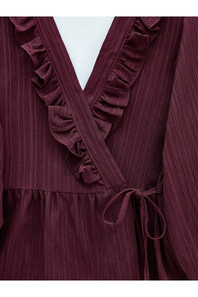 Modamorfo Kimono Set with Ruffled Collar and Tie Front Skirt - Burgundy