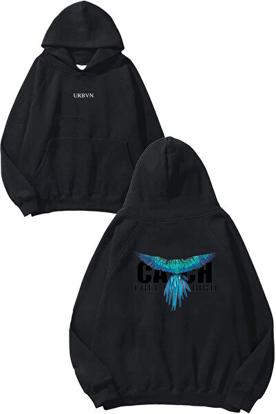 urbvn سويت شيرت بقلنسوة أسود كبير الحجم مطبوع بتصميم Catch
