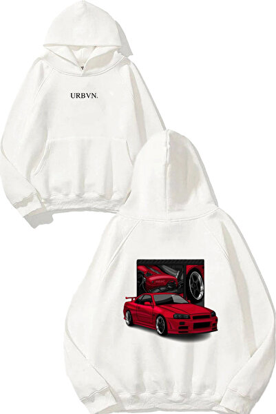 urbvn سويت شيرت أبيض كبير الحجم مطبوع عليه تصميم سيارة حمراء