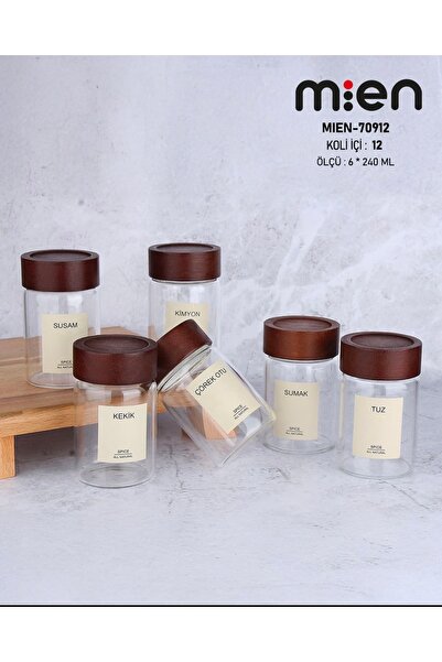 MİEN 6-Piece Acacia Lid Round Glass Spice Jar 240 ml Spice Jar (Complete with 12 Pcs Tags)