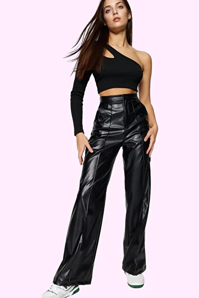 PayBuy Women's Fashion Wide Leg High Waist Faux Leather Pants Ribbed Casual Chic Summer