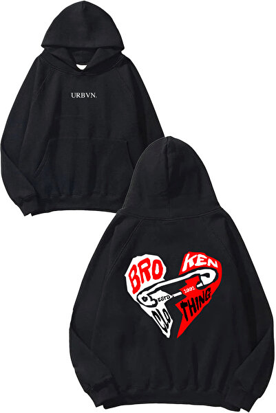 urbvn سويت شيرت بقلنسوة أسود كبير الحجم مطبوع بتصميم مكسور