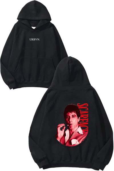 urbvn Hanorac negru supradimensionat cu glugă, cu imprimeu Scarface Tony Design
