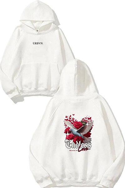 urbvn Endless Design Printed Oversize White Hooded Sweatshirt
