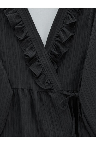 Modamorfo Kimono Set with Ruffled Collar and Tie Front Skirt - Black