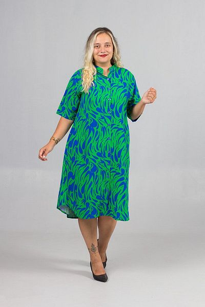 Truva XXL Plus Size Green Patterned Woven Viscose Judge Collar Shirt Dress