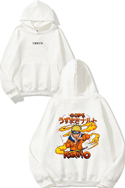 urbvn Oops Naruto Design Printed Oversize White Hooded Sweatshirt