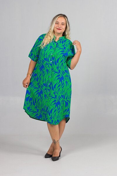 Truva XXL Plus Size Green Patterned Woven Viscose Judge Collar Shirt Dress