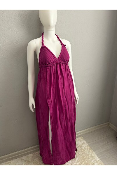 ERVEYM İthal Müslin EYM Elbise Yırtmaçlı Sahil,Yaz,Tatil Elbisesi