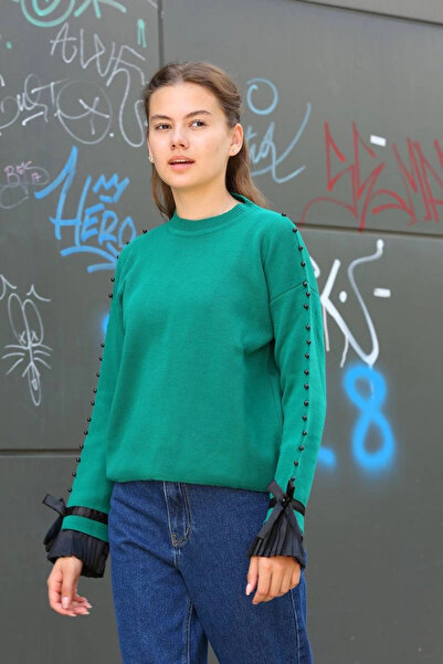 Zerenyus Pulover cu mărgele verde petrol