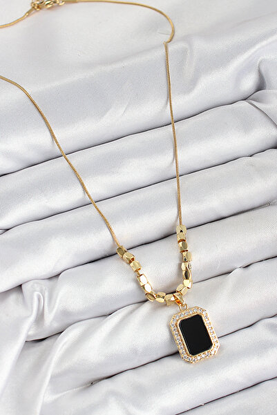 ForWhat قلادة على شكل باجيت سوداء مع زركون من الفولاذ الذهبي للمرأة الأنيقة