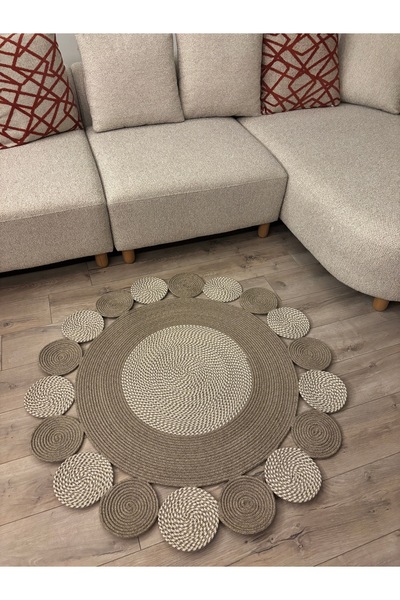 MaVaux Taş Kırçıllı Jüt Hasırlı Kırçıllı El Örgüsü Kilim Halı Hasır Yuvarlak
