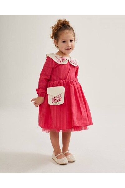 Pinkitokids Girl's Dress with Embroidered Collar and Bag