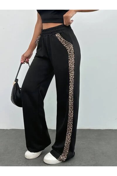 Nnstartshopping Women's High Waist Lace up Side Leopard Patterned Viscose Two Thread Trousers