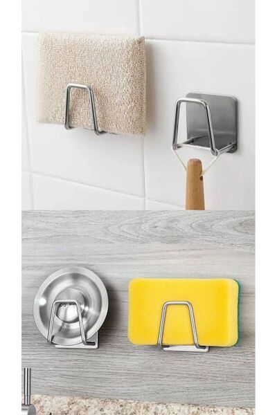 QesQin Kendinden Yapışkanlı Metal 2 Adet Bulaşık Süngeri Tutucu Evye Düzenley...