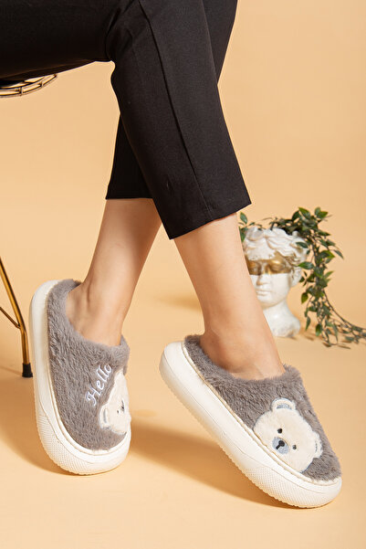 uway Women's Teddy Bear Patterned Plush Soft Lightweight Soundproof Non-Slip Eva Sole Winter Indoor Slippers