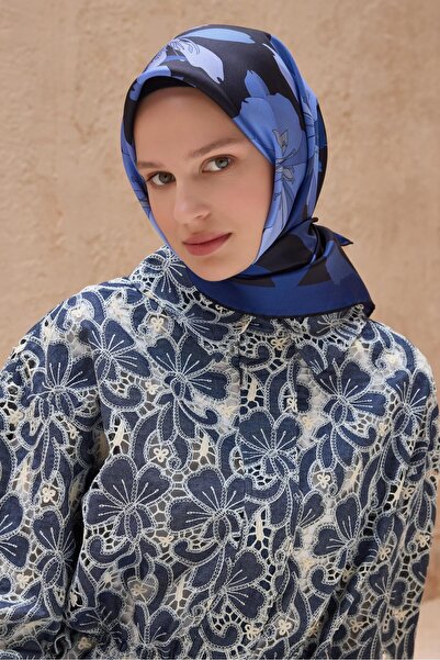 Belli Tivil Saf İpek Eşarp 4100 - 32 Lacivert Karışık Desen