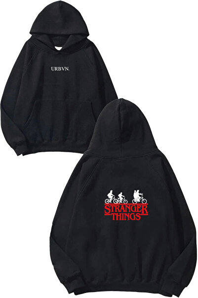 urbvn سويت شيرت بقلنسوة أسود كبير الحجم مطبوع بتصميم Stranger Things