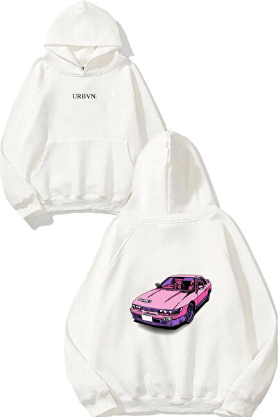 urbvn سويت شيرت أبيض كبير الحجم مطبوع عليه تصميم أمامي للسيارة باللون الوردي