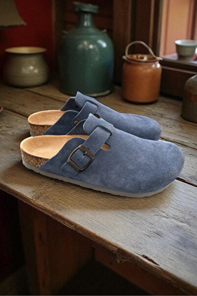 Land of Cork Unisex Denim Blue Suede Leather Closed Anatomical Natural Cork Sole Slippers