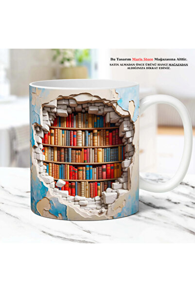 MARİS STORE Library Bookshelf Printed 3D Effect Gift Mug